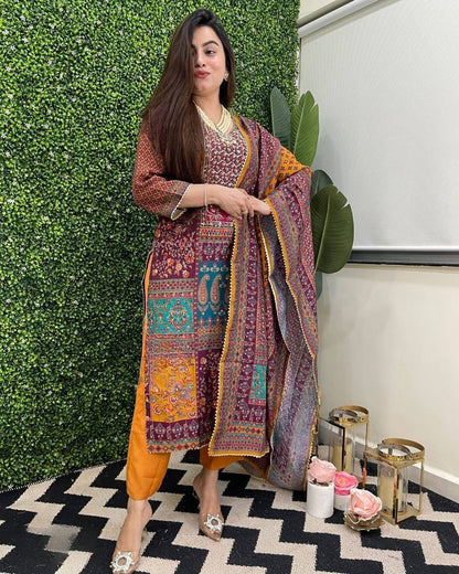 Multicolor printed stylish mirror work salwar suit Yellow
