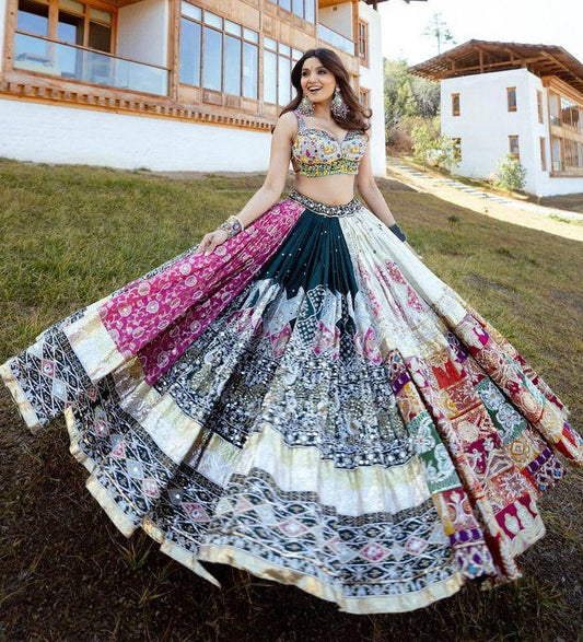 Multicolor cotton print mirror work navratri gujarati garba lehenga chaniya choli