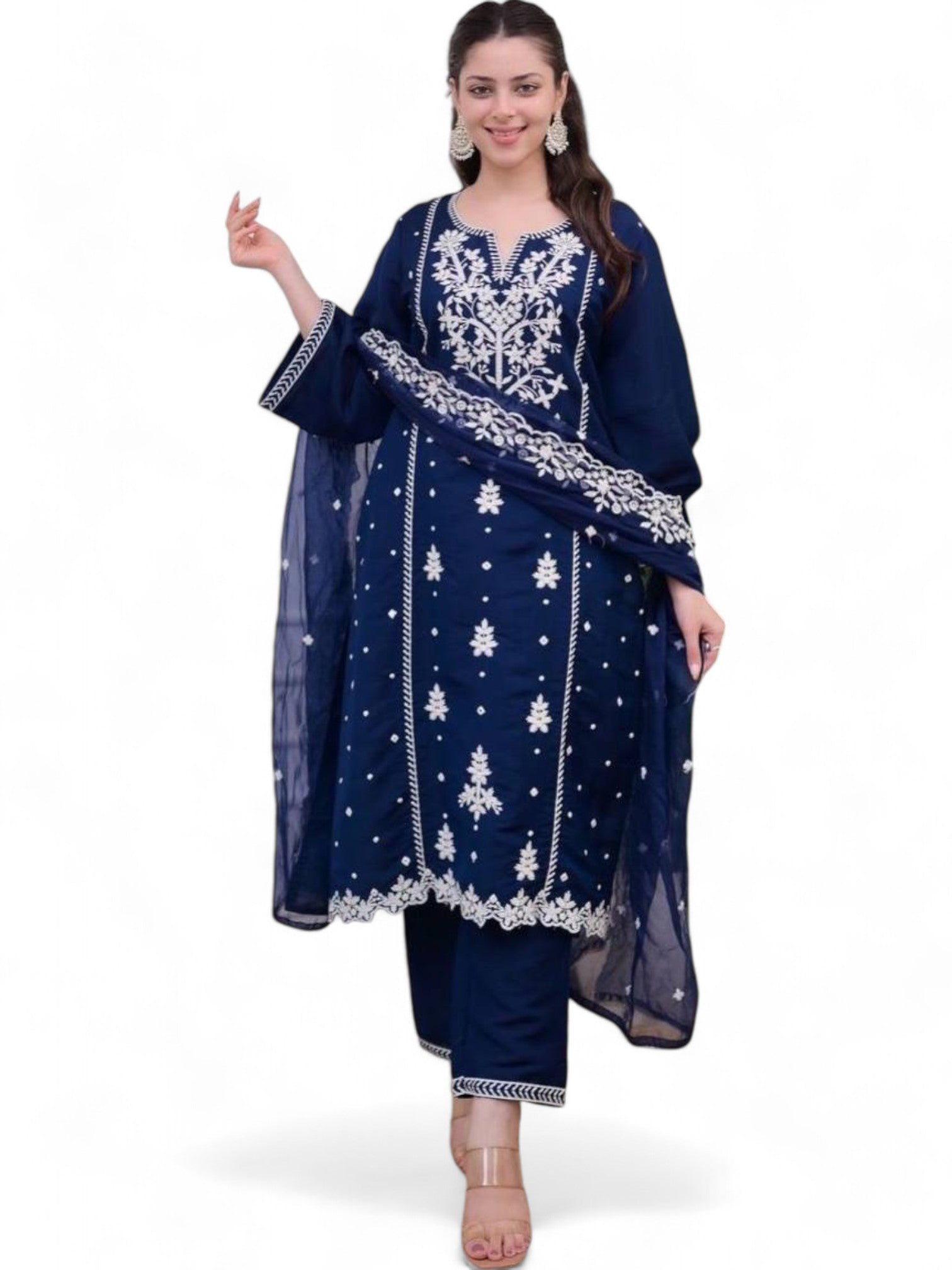 Navy blue embroidered 3 piece party wear salwar suit