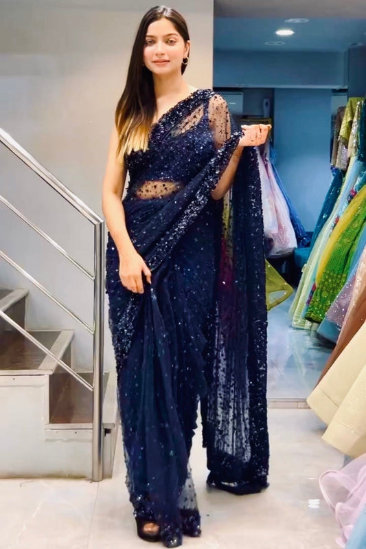Navy blue net squin thread work designer party wear saree
