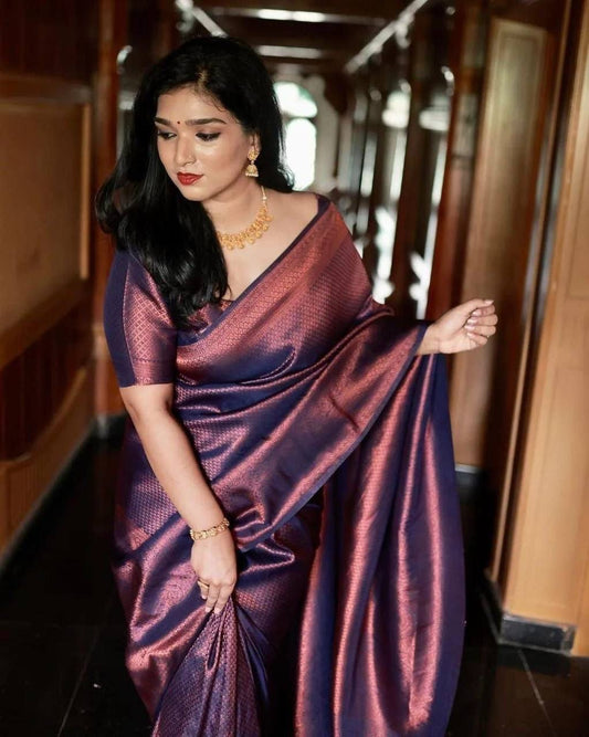Navy blue banarasi silk jacquard party wear saree