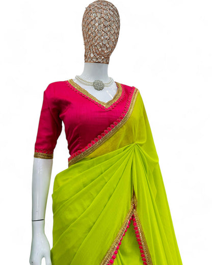 Neon green cotton fancy latkan designer saree