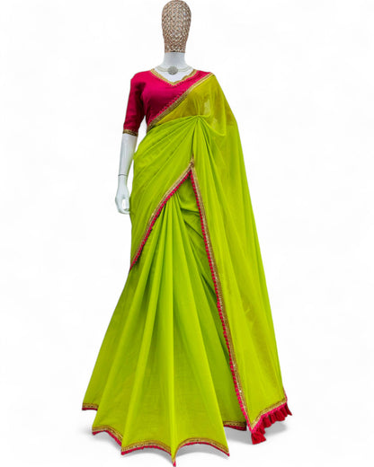 Neon green cotton fancy latkan designer saree