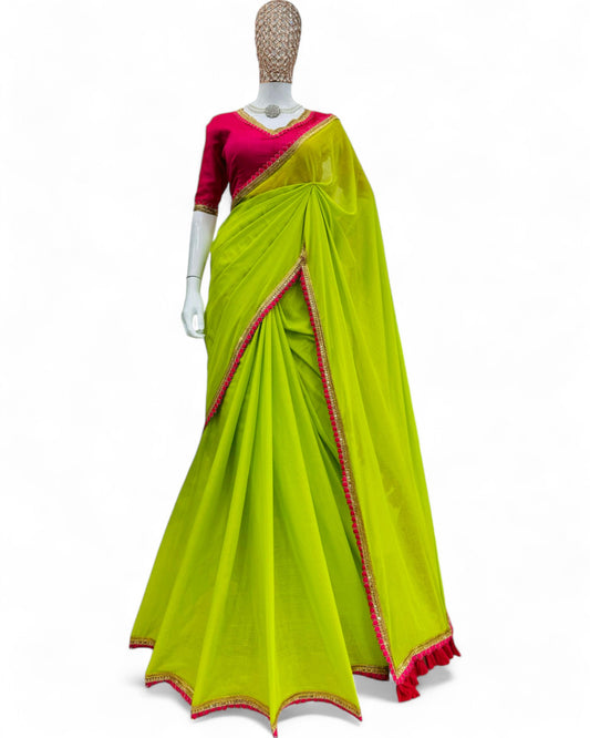 Neon green cotton fancy latkan designer saree