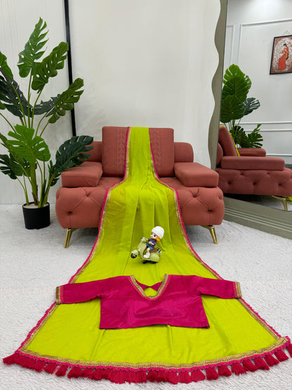 Neon green cotton fancy latkan designer saree