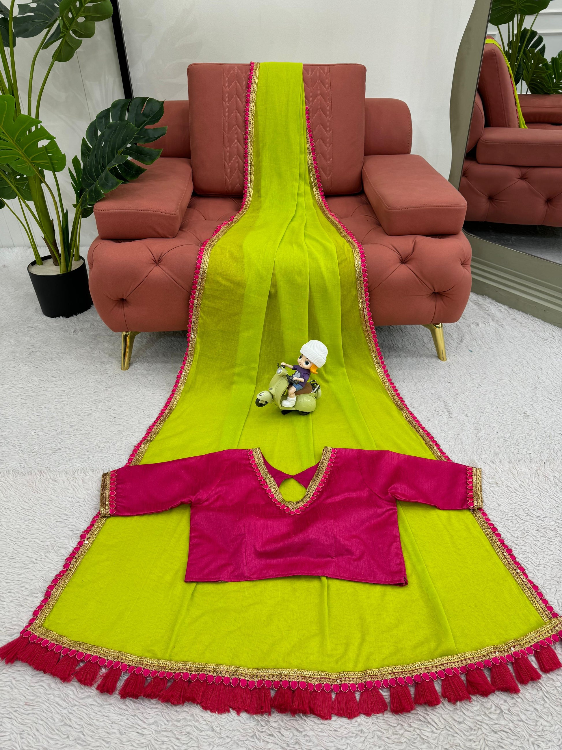 Neon green cotton fancy latkan designer saree