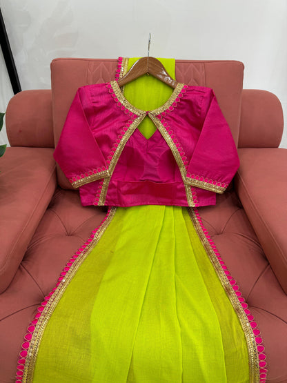 Neon green cotton fancy latkan designer saree