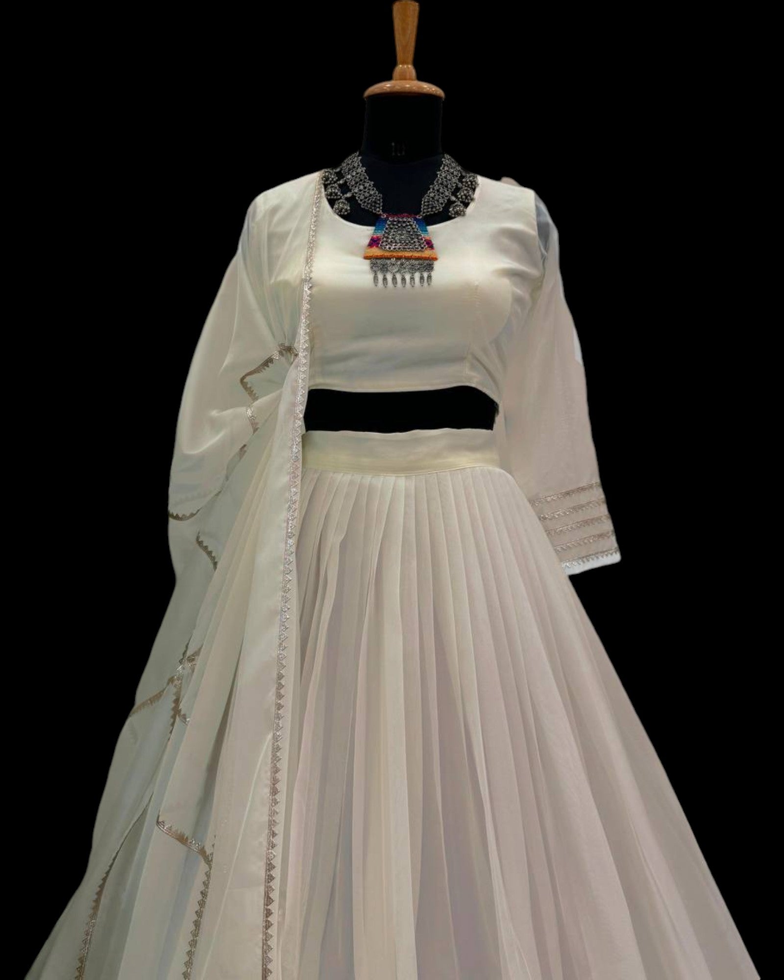 Off White Organza Print and Lace Border Ceremonial Lehenga Choli