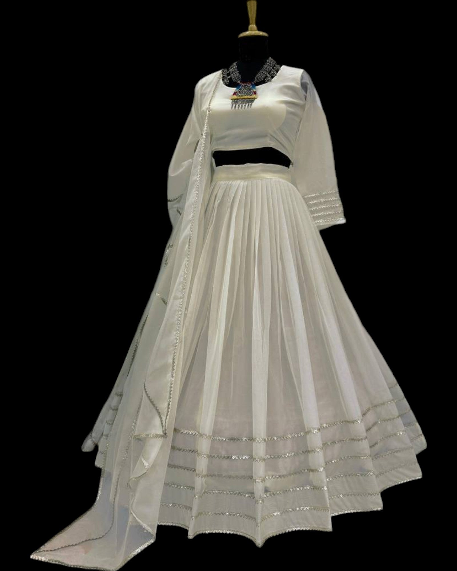Off White Organza Print and Lace Border Ceremonial Lehenga Choli
