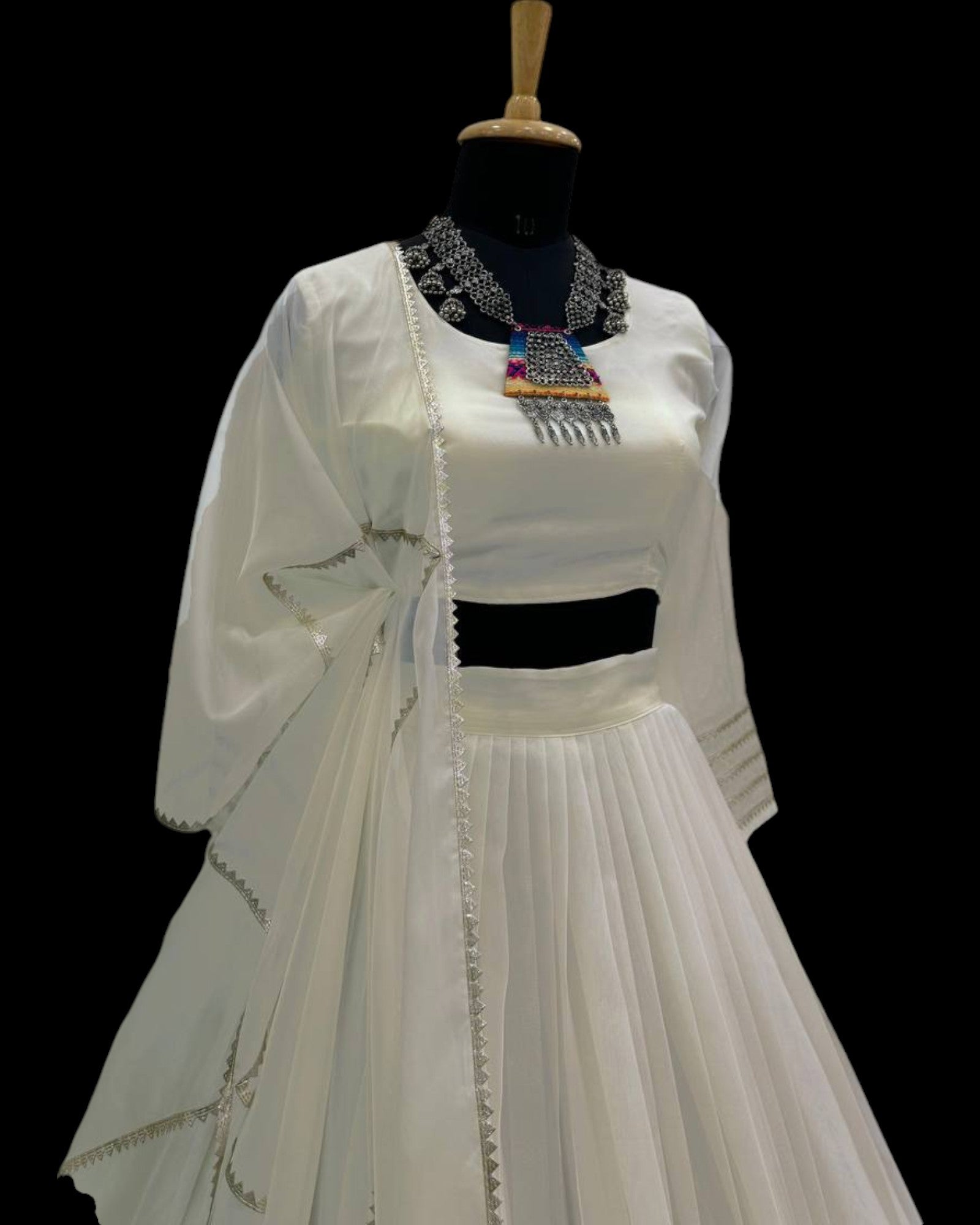 Off White Organza Print and Lace Border Ceremonial Lehenga Choli
