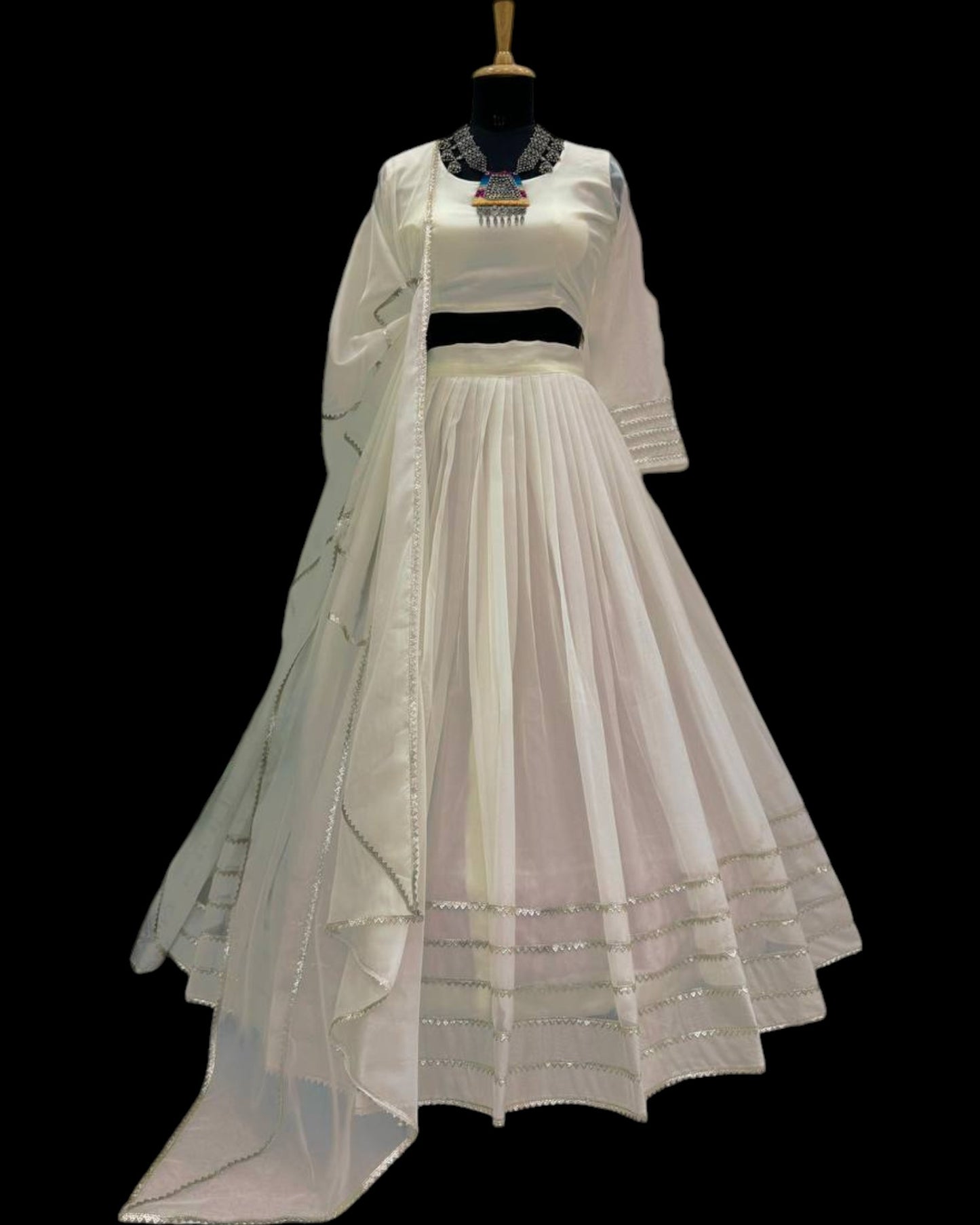 Off White Organza Print and Lace Border Ceremonial Lehenga Choli