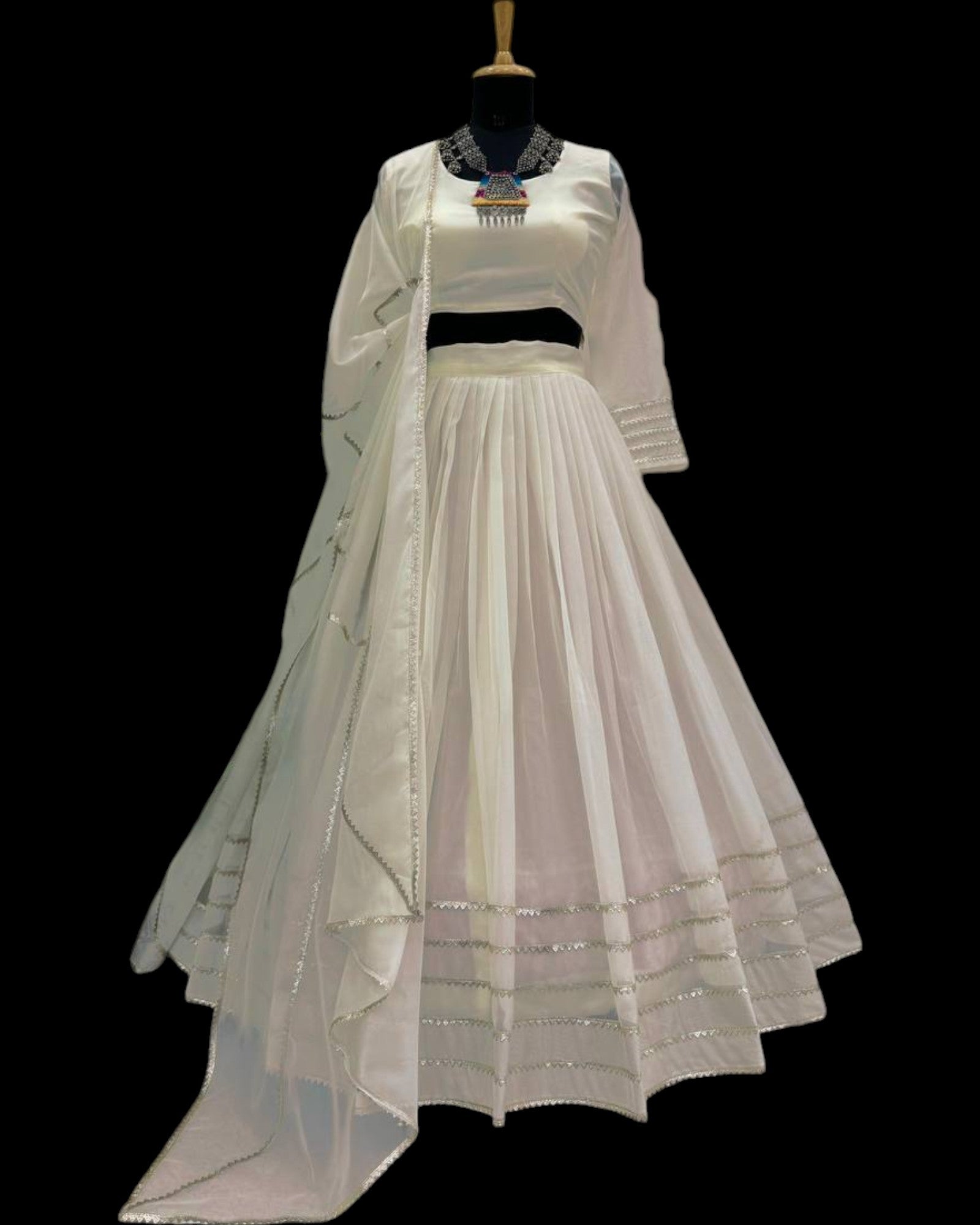 Off White Organza Print and Lace Border Ceremonial Lehenga Choli