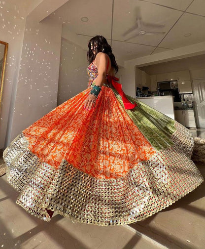 Orange cotton print mirror work gujarati garba navratri lehenga chaniya choli