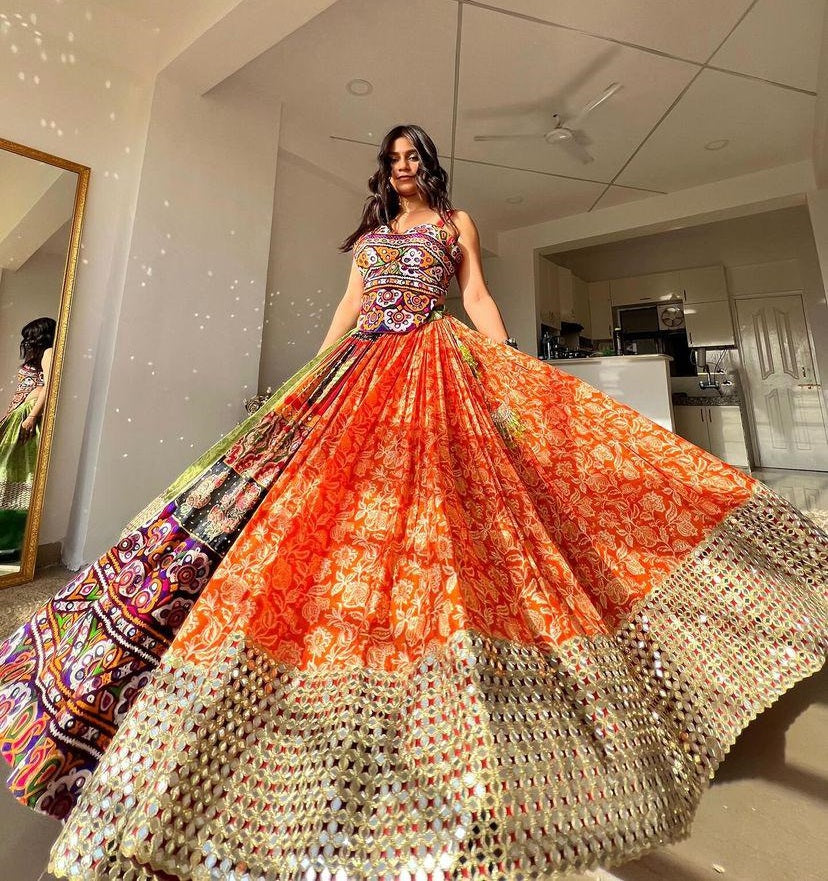 Orange cotton print mirror work gujarati garba navratri lehenga chaniya choli