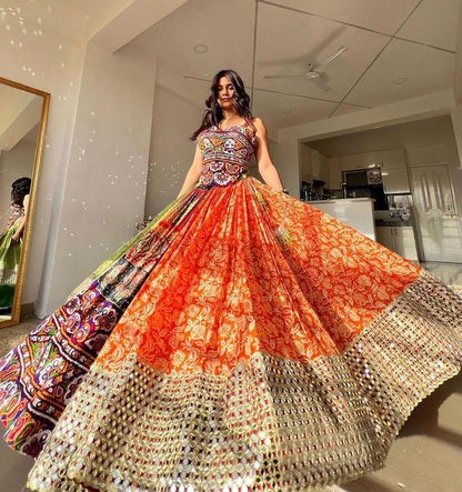 Orange cotton print mirror work gujarati garba navratri lehenga chaniya choli