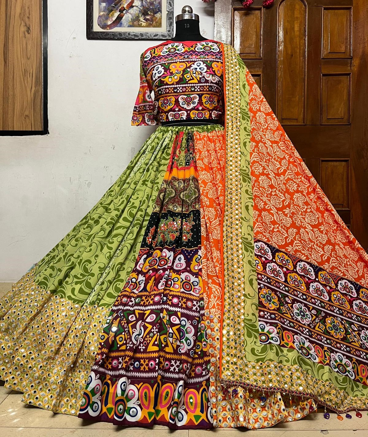 Orange cotton print mirror work gujarati garba navratri lehenga chaniya choli