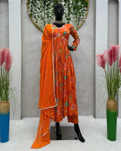 Orange floral printed handwork alia cut suit
