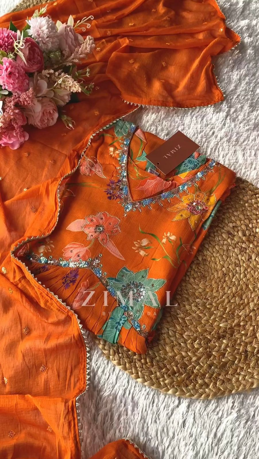 Orange floral printed handwork alia cut suit