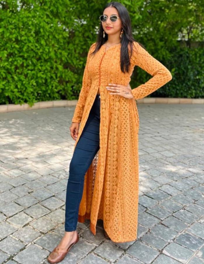Orange georgette chikankari work stylish kurti