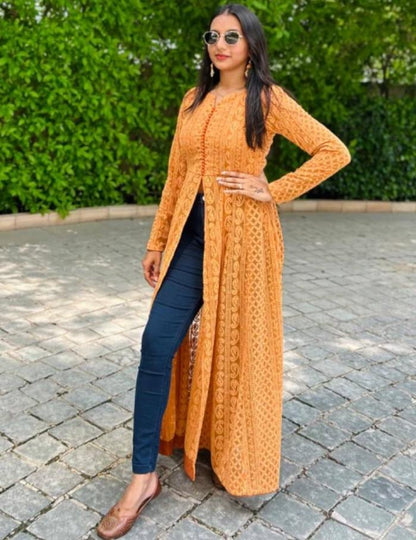 Orange georgette chikankari work stylish kurti
