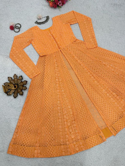 Orange georgette chikankari work stylish kurti