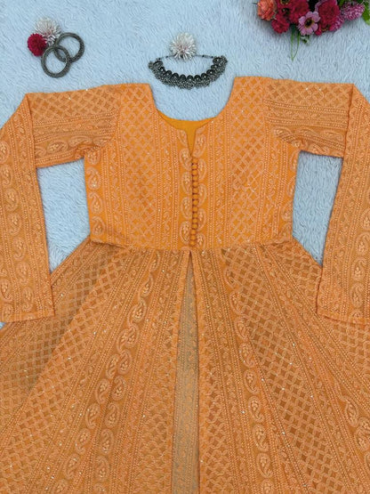 Orange georgette chikankari work stylish kurti