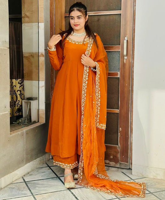 Orange georgette heavy flair palazzo anarkali suit
