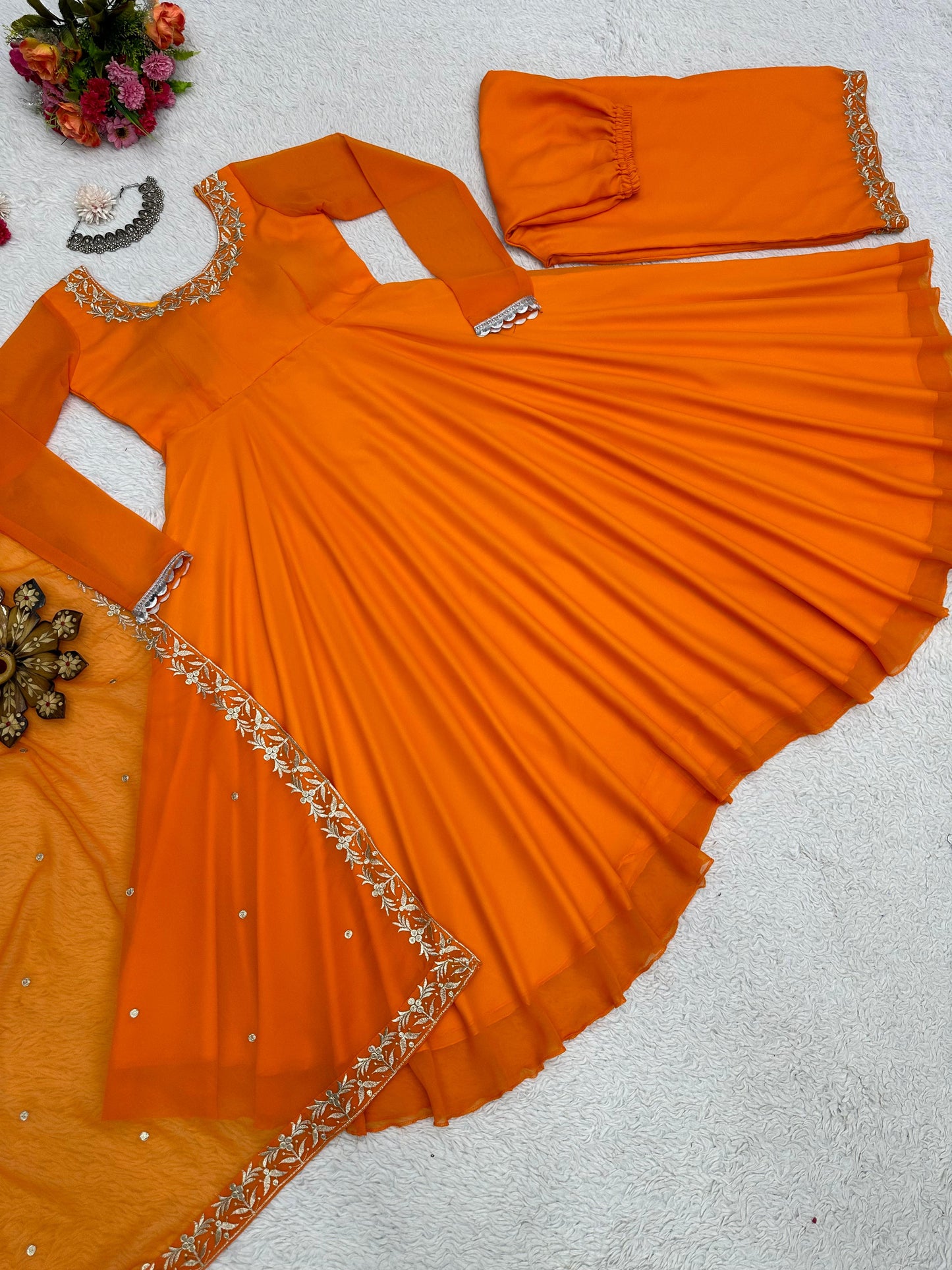 Orange georgette heavy flair palazzo anarkali suit