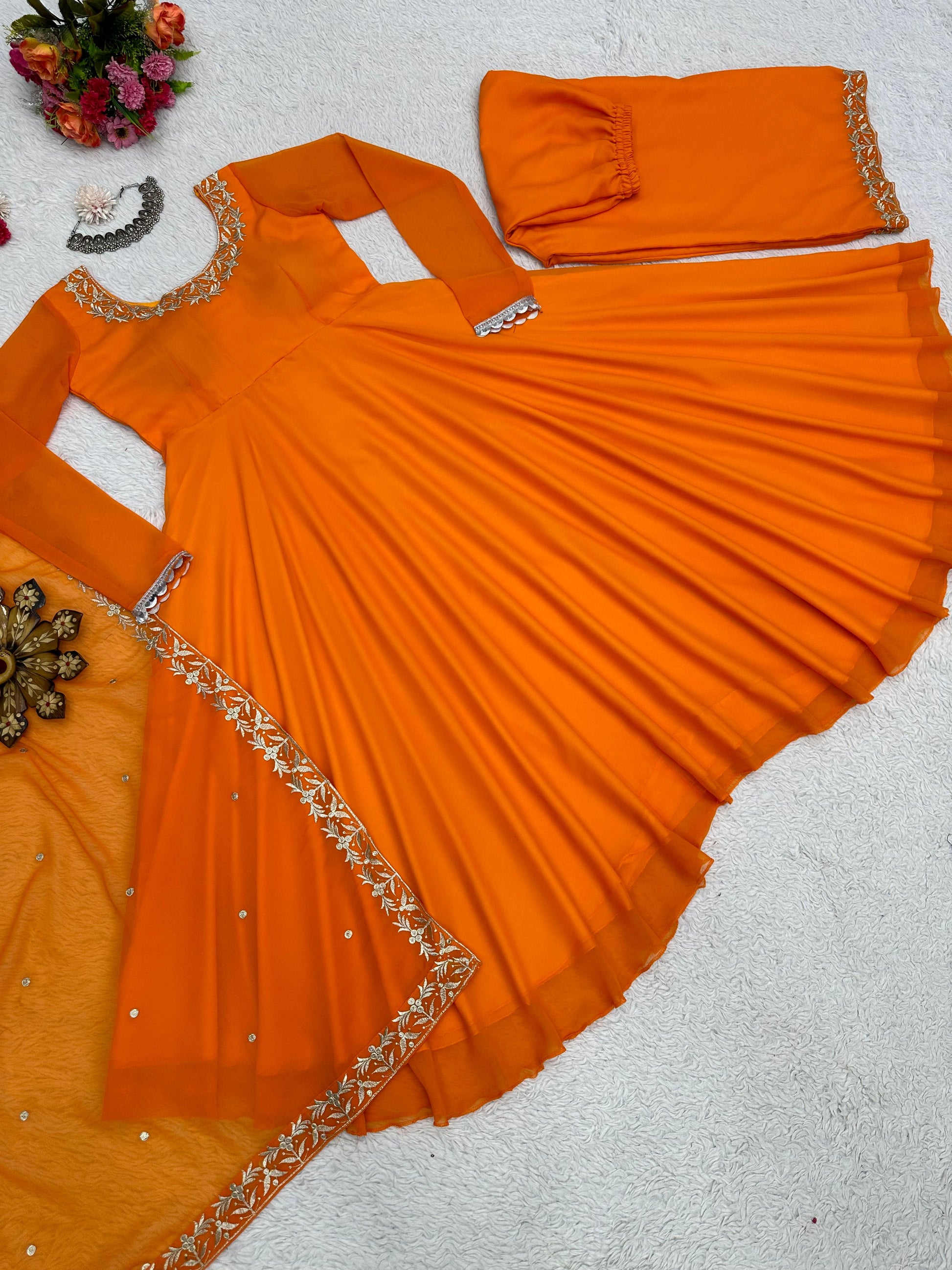 Orange georgette heavy flair palazzo anarkali suit