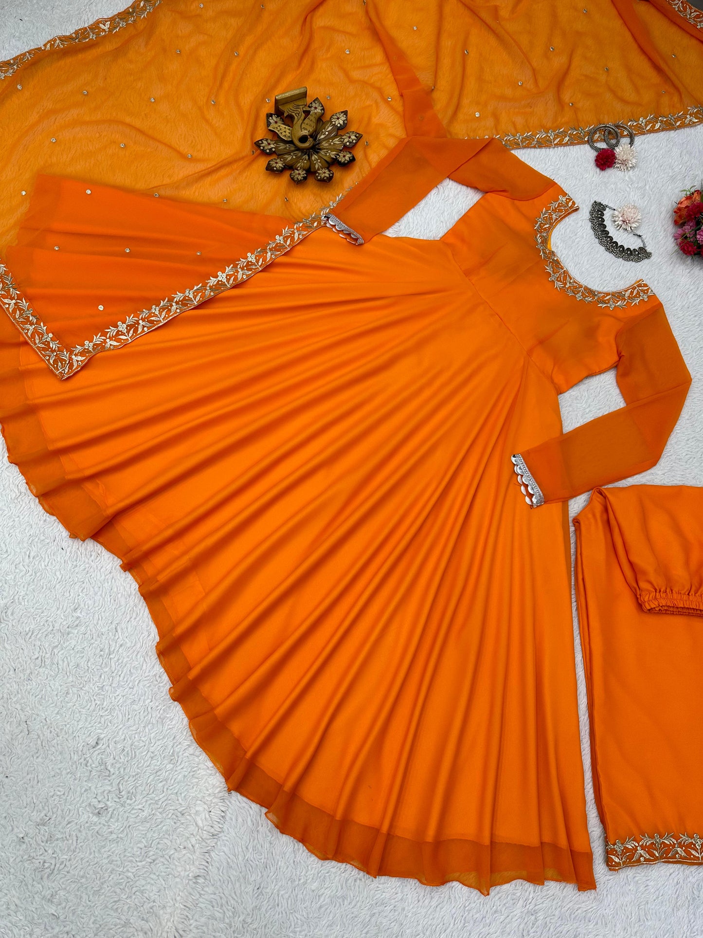 Orange georgette heavy flair palazzo anarkali suit