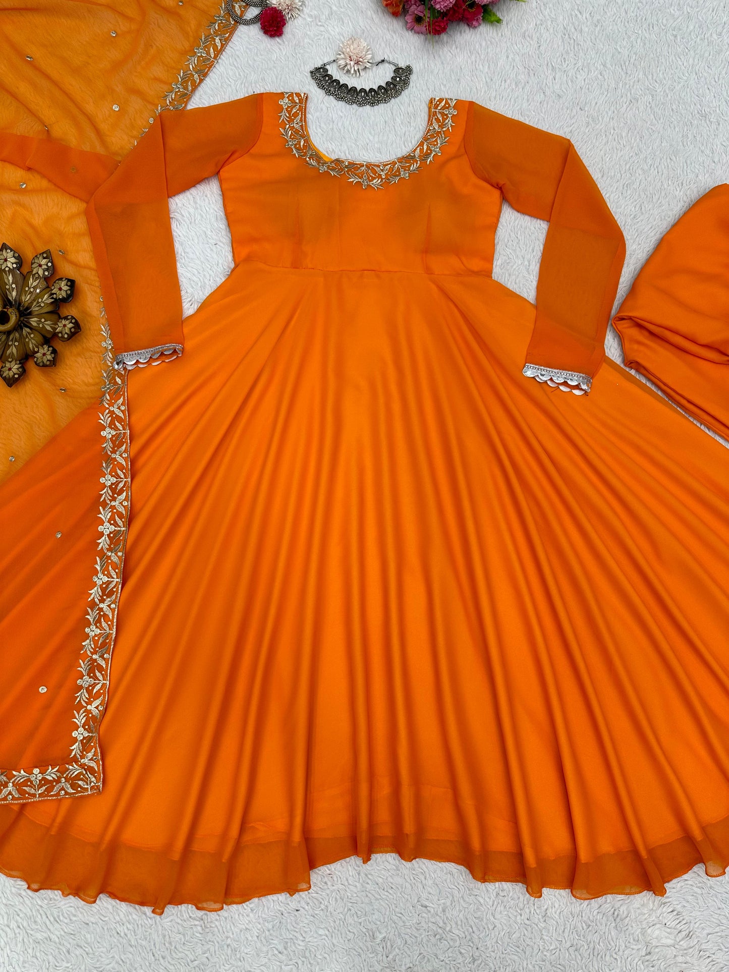 Orange georgette heavy flair palazzo anarkali suit