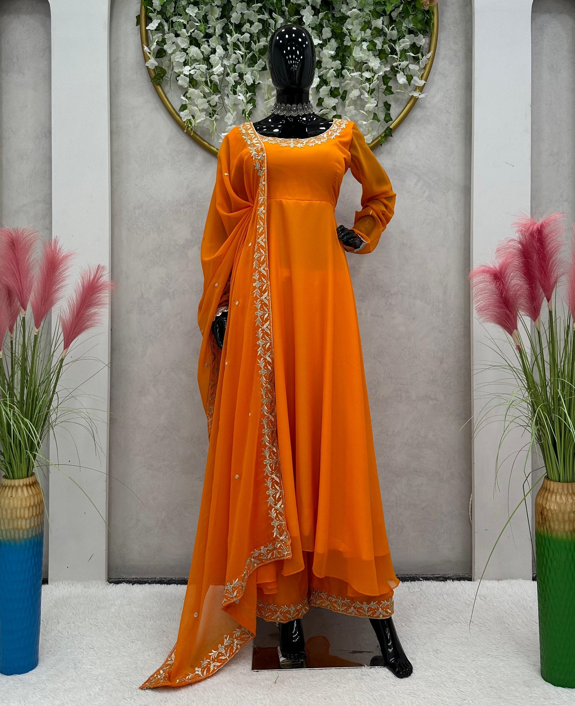 Orange georgette heavy flair palazzo anarkali suit