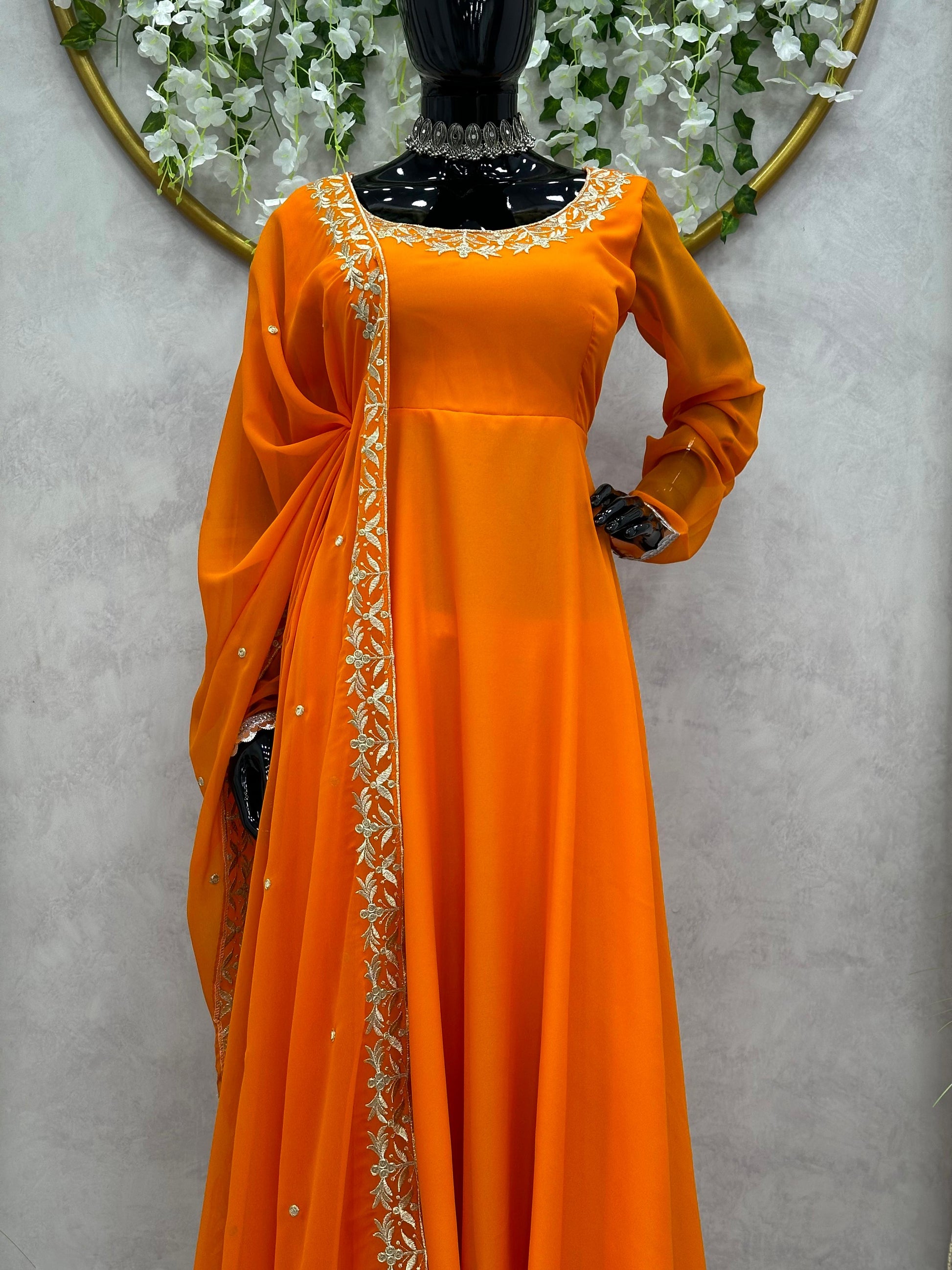 Orange georgette heavy flair palazzo anarkali suit
