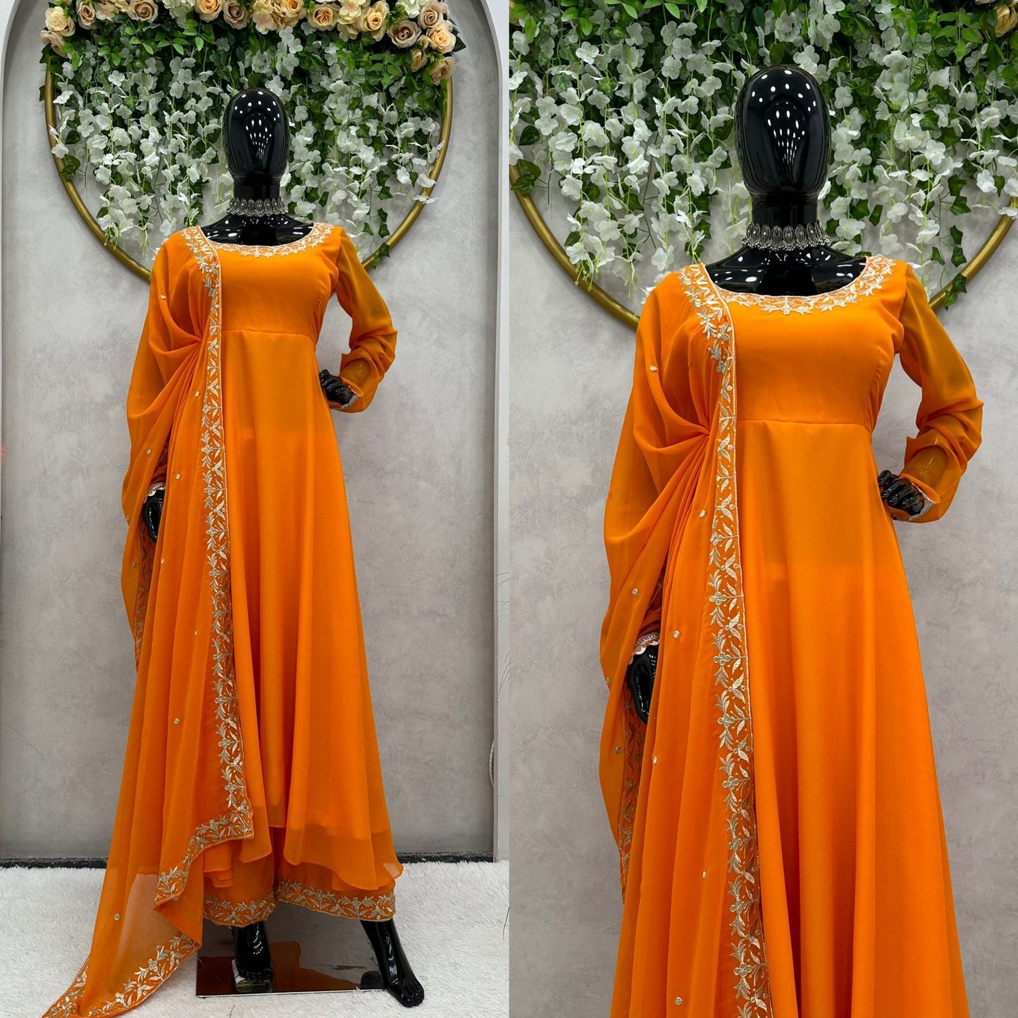 Orange georgette heavy flair palazzo anarkali suit