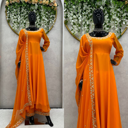 Orange georgette heavy flair palazzo anarkali suit