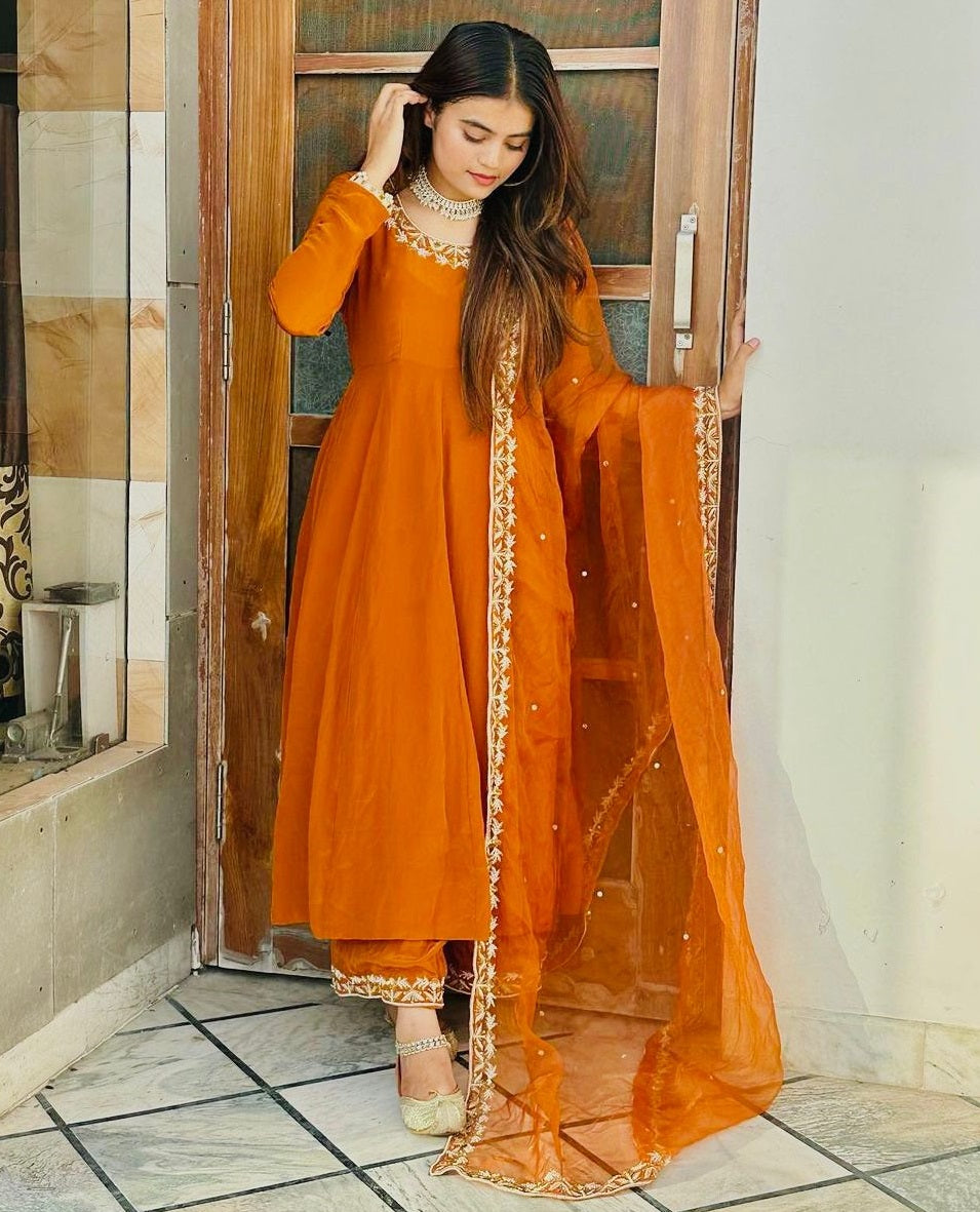 Orange georgette heavy flair palazzo anarkali suit