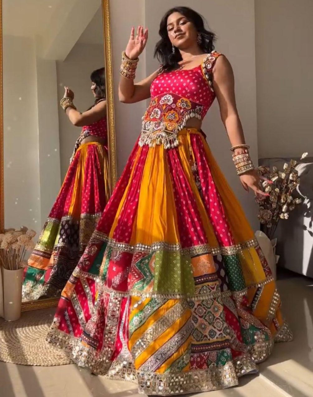 Orange pink print mirror work navratri lehenga chaniya choli