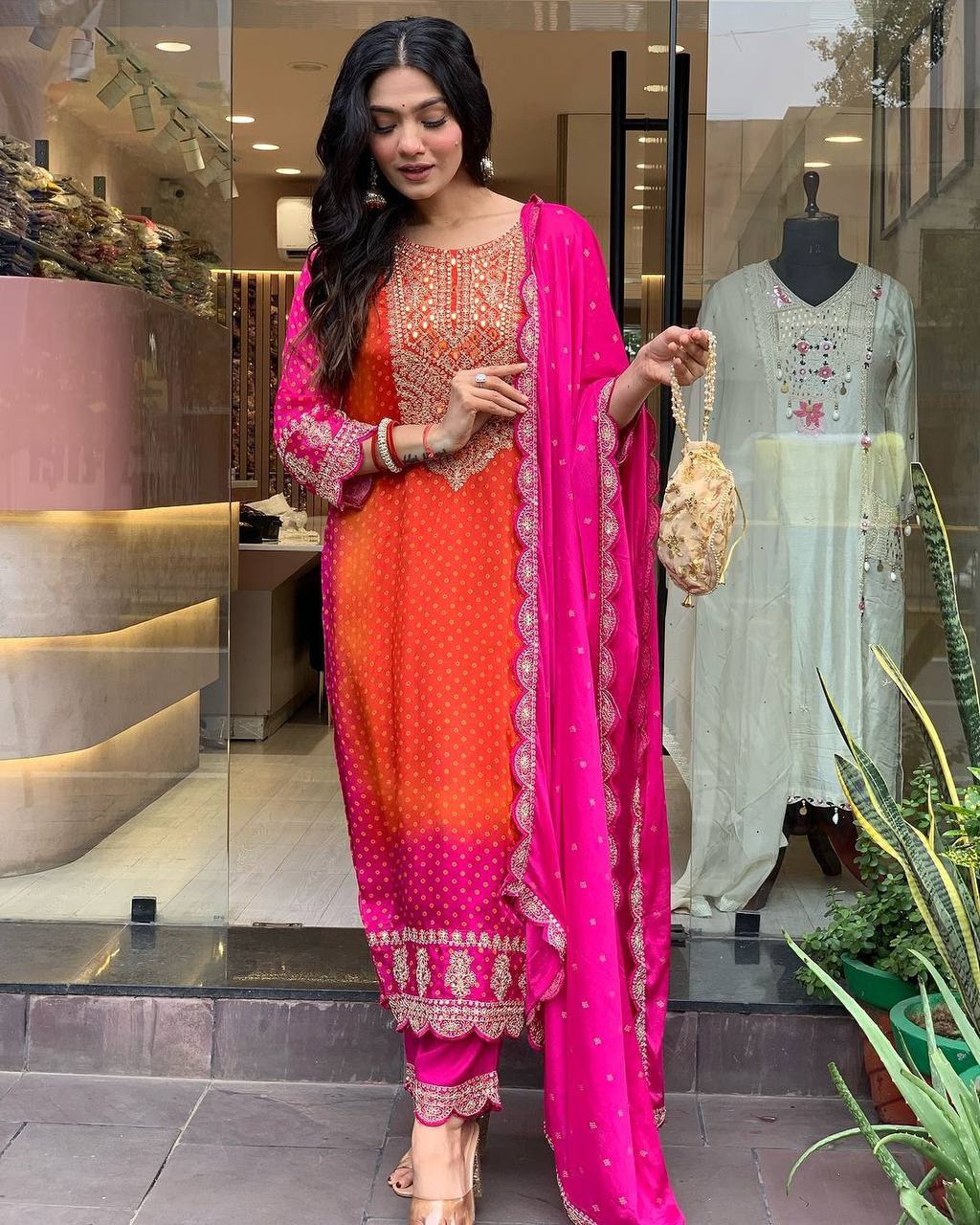 Orange pink silk embroidered ceremonial salwar suit