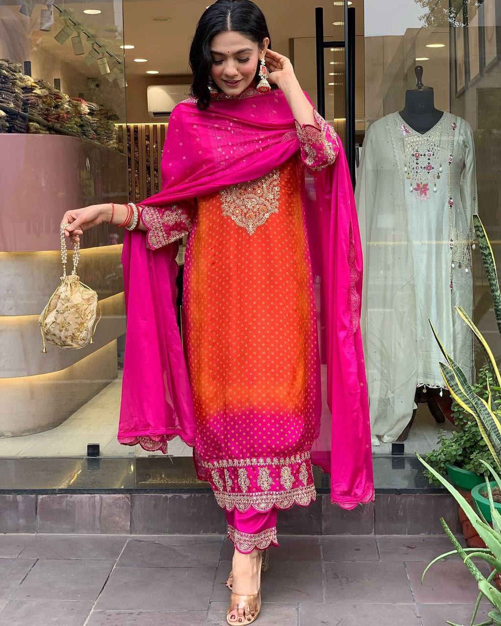 Orange pink silk embroidered ceremonial salwar suit