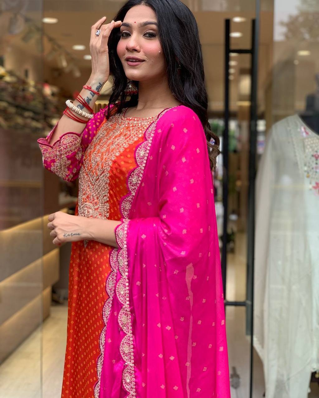 Orange pink silk embroidered ceremonial salwar suit