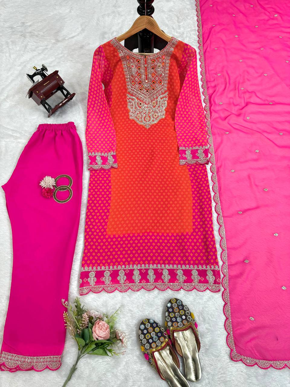 Orange pink silk embroidered ceremonial salwar suit