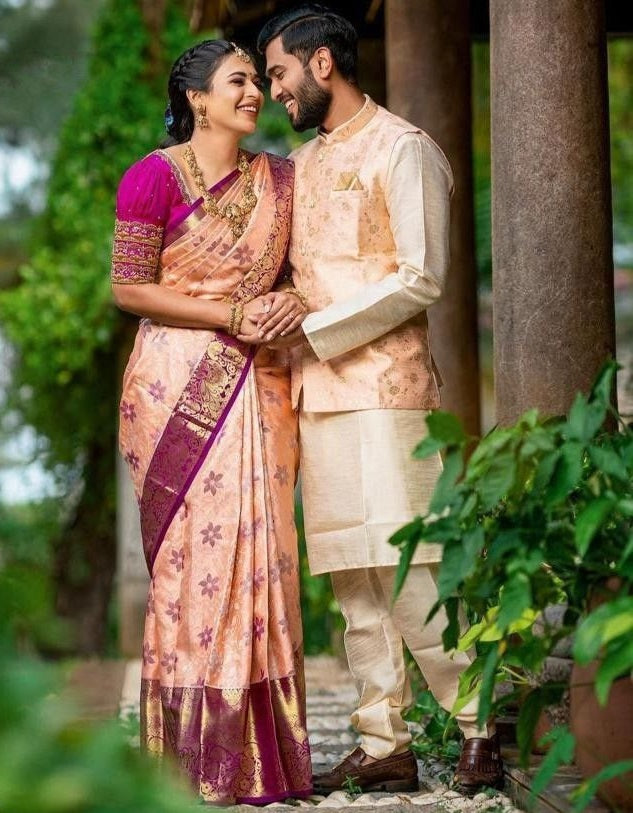 Peach banarasi silk jacquard work wedding saree