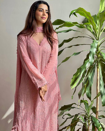 Peach chikankari work stylish 3 piece palazzo suit