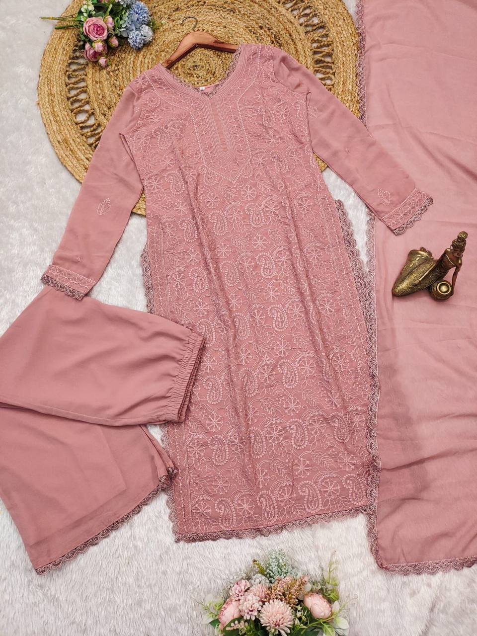 Peach chikankari work stylish 3 piece palazzo suit