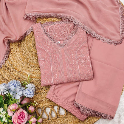 Peach chikankari work stylish 3 piece palazzo suit