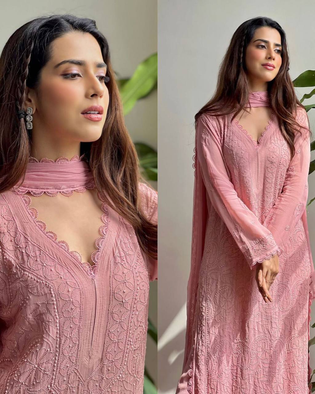 Peach chikankari work stylish 3 piece palazzo suit