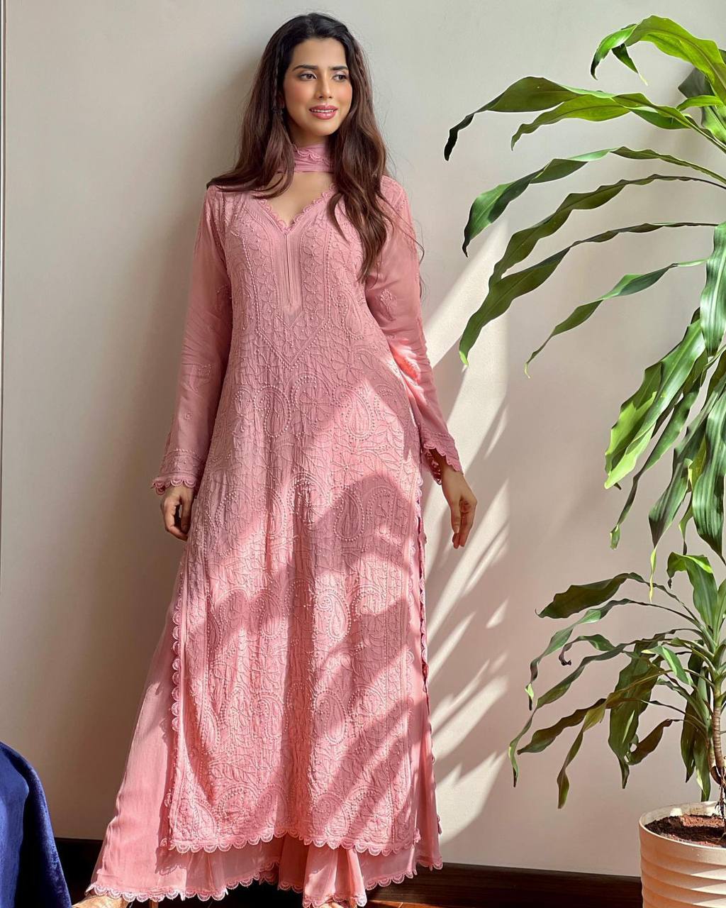 Peach chikankari work stylish 3 piece palazzo suit