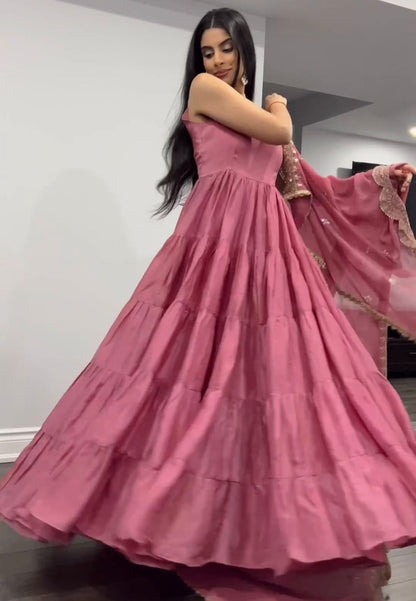 Peach georgette ruffle gown