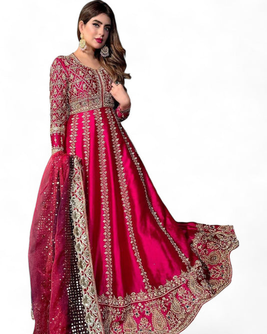 Pink Heavy Sequin Embroidery Work Anarkali Gown in Chinon Silk