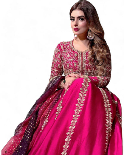 Pink Heavy Sequin Embroidery Work Anarkali Gown in Chinon Silk